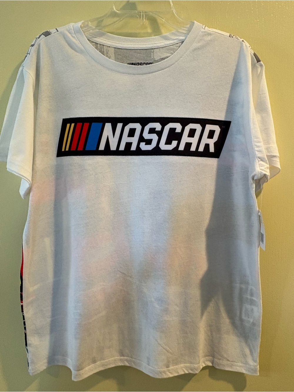 Nascar FREEZE White Tee with Red, Blue & Yellow Stripe Logo
